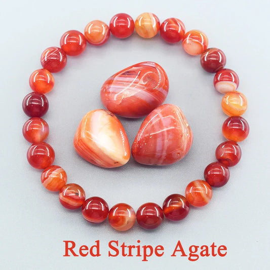 Natural Red Stripe Agate & Carnelian Bead Bracelet – Healing Crystal Jewelry for Men & Women