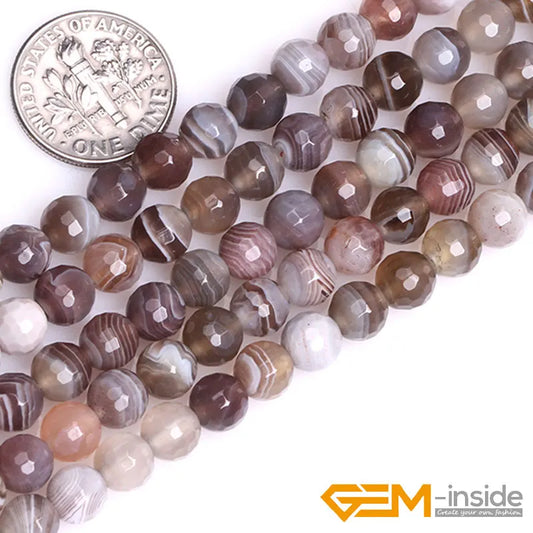 Natural Botswana Agate Faceted Round Beads – 15" Strand for DIY Jewelry Making (4mm / 6mm / 8mm / 10mm)
