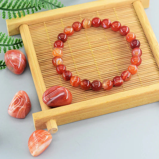 Natural Red Stripe Agate & Carnelian Bead Bracelet – Healing Crystal Jewelry for Men & Women